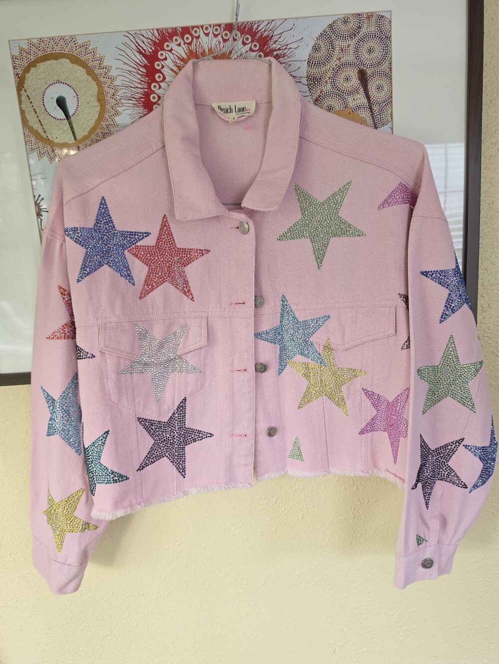Peach Love PINK Rhinestone Star Jean jacket Small - Picture 3 of 10